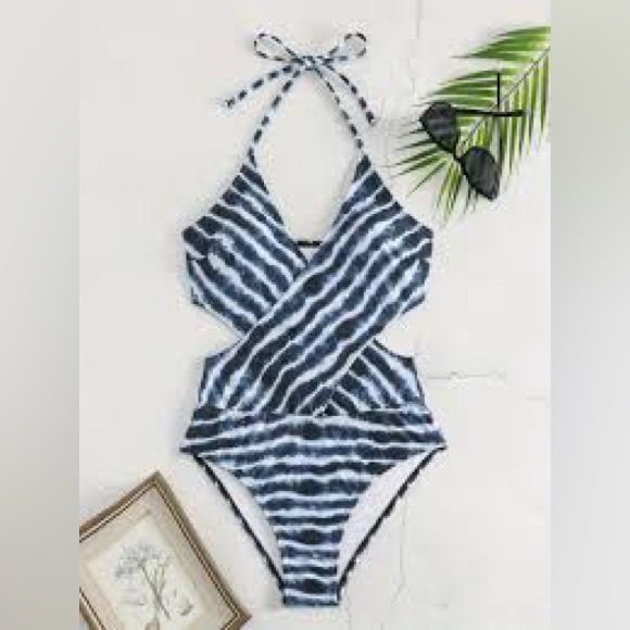 Blue tie-dye crossover halter one-piece swimsuit, size L, NWT - Picture 6 of 7